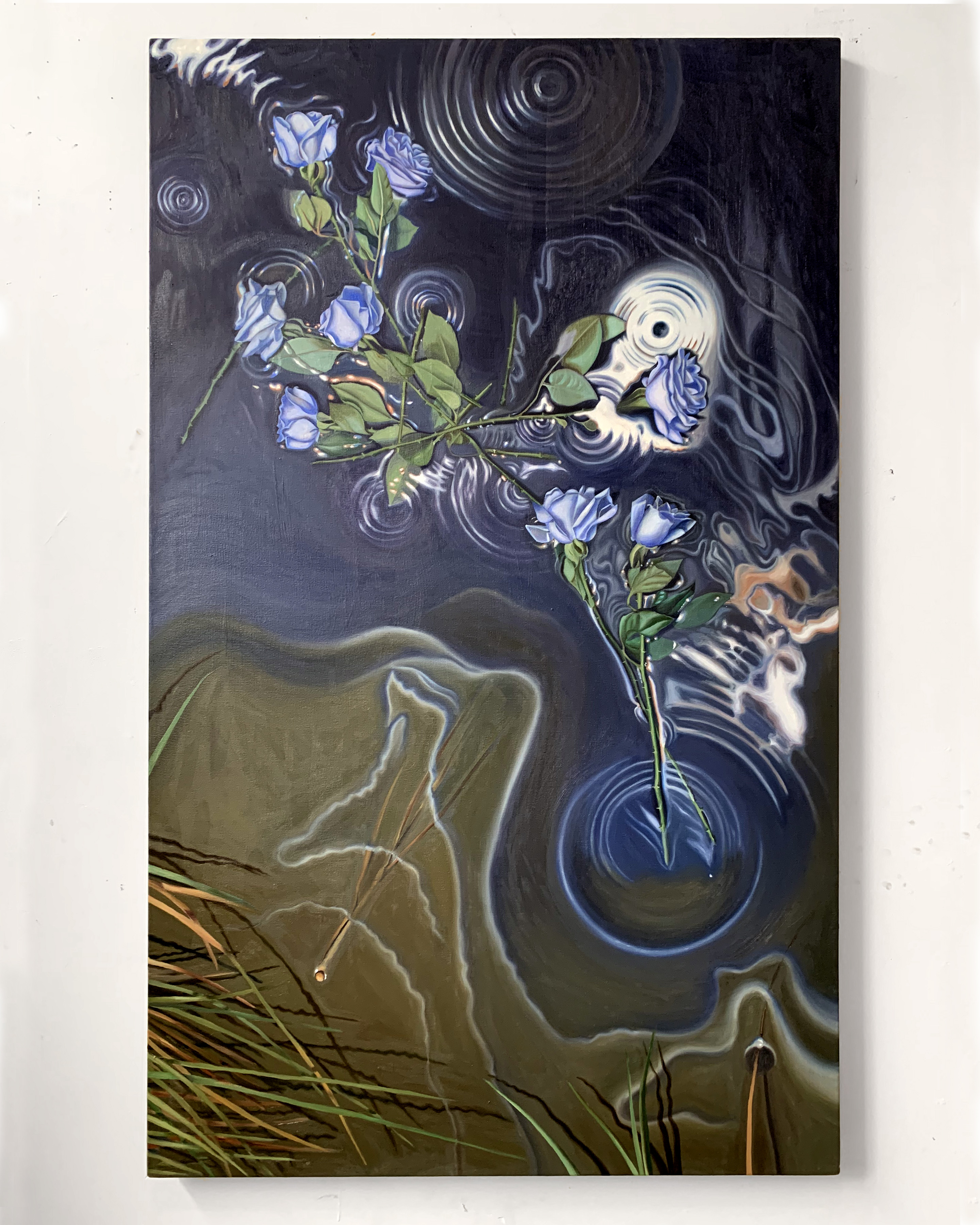 Wetlands (blue carbon), 60x36 2021 <br>oil on canvas<br><br>"Wetlands have deep roots that absorb and store carbon. This is known as “blue carbon”. 1⁄3 of all marshes, seagrasses and mangroves have been destroyed by urban development. It is estimated that if restored, they would reduce carbon in the air by 10%.&quote (Buck, H.J. (2019). In <i>After Geoengineering: Climate Tragedy, Repair, and Restoration.</i> Verso.)<br>I dedicate this piece to my late Grandad, who taught me to appreciate the beautiful stillness of the marsh. 